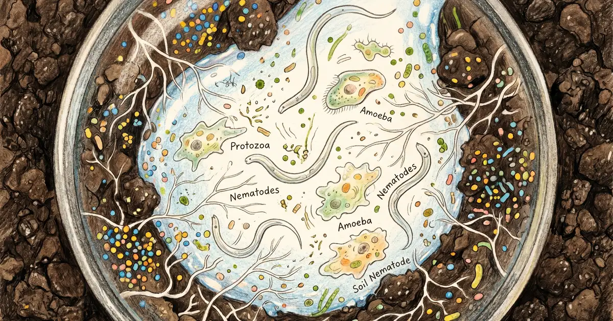 Pencil-crayon microscopic view through a hand lens showing diverse soil bacteria as colorful tiny dots, fungal hyphae as fine white threads, protozoa as larger amoeba-like creatures, and tiny nematodes as worm shapes