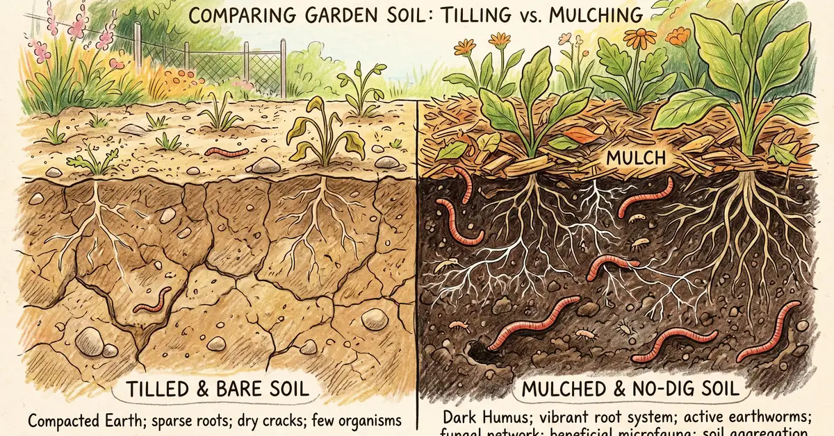 Pencil-crayon split-screen cross-section showing bare tilled soil on the left with few organisms versus mulched no-dig soil on the right with worms, fungal threads, springtails, and plant roots