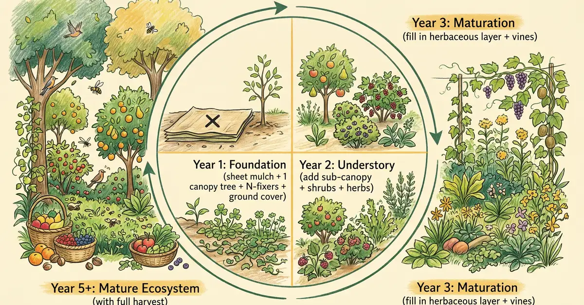 Pencil-crayon circular infographic showing the 5-year build timeline for a small food forest in 4 quadrants — Year 1 sheet mulch and canopy tree, Year 2 sub-canopy and shrubs, Year 3 herbaceous and vines, Year 5+ mature ecosystem