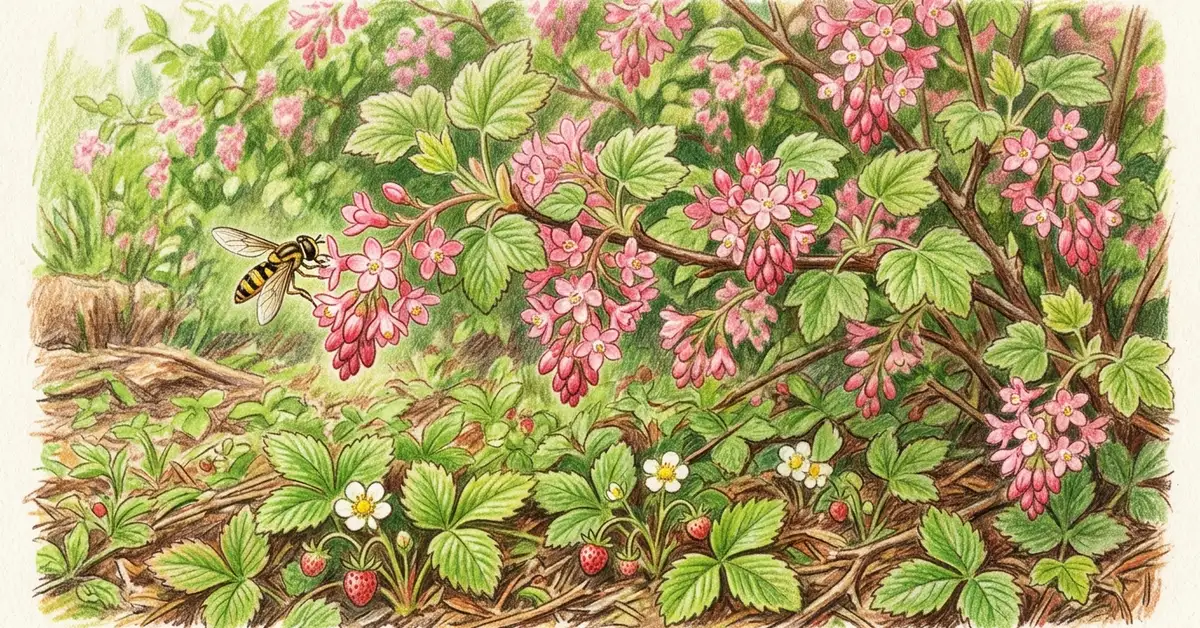 Pencil-crayon close-up of a flowering currant bush in spring with delicate pink flowers, a hover fly visiting, and strawberry ground cover beneath