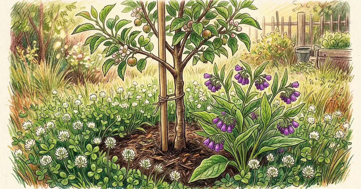 Pencil-crayon close-up of a young dwarf apple tree on M9 rootstock with a small training stake, comfrey blooming purple at its base and white clover ground cover