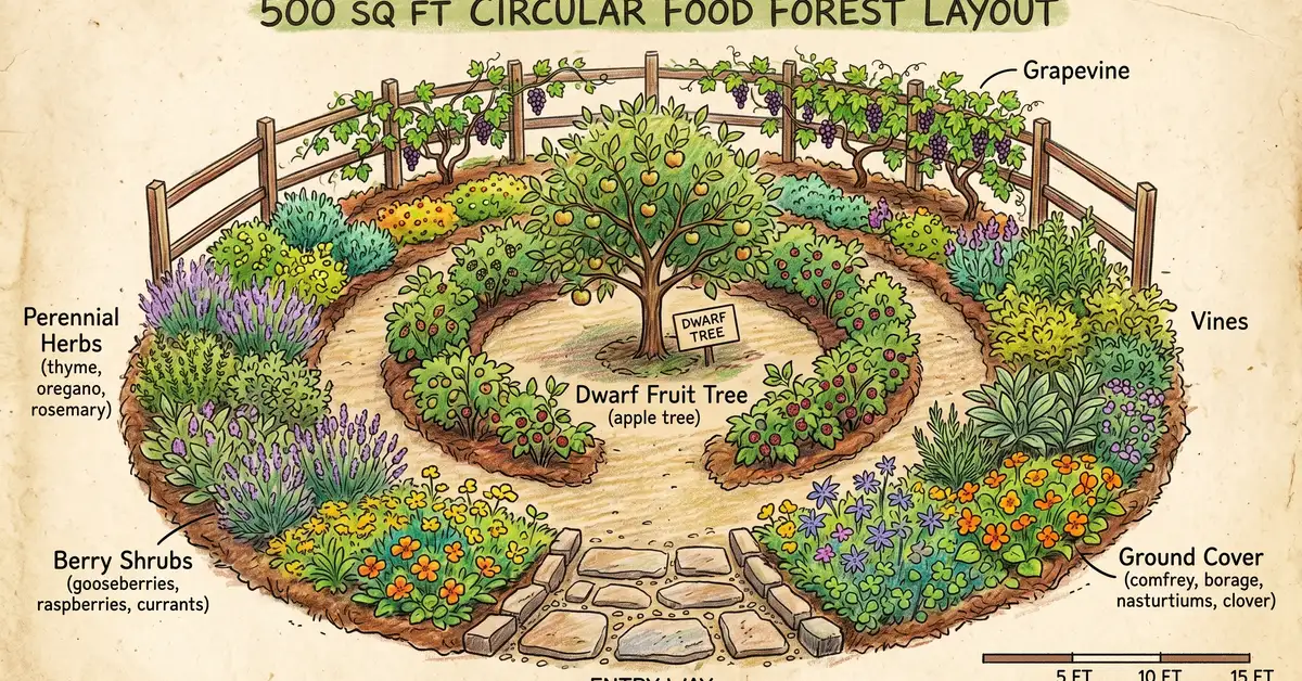Pencil-crayon top-down keyhole-style garden layout showing a 500 sq ft circular food forest design with central path entering from the bottom, dwarf fruit tree at center, ring of berry shrubs, perennial herbs and ground cover, and a vine trained up the back fence