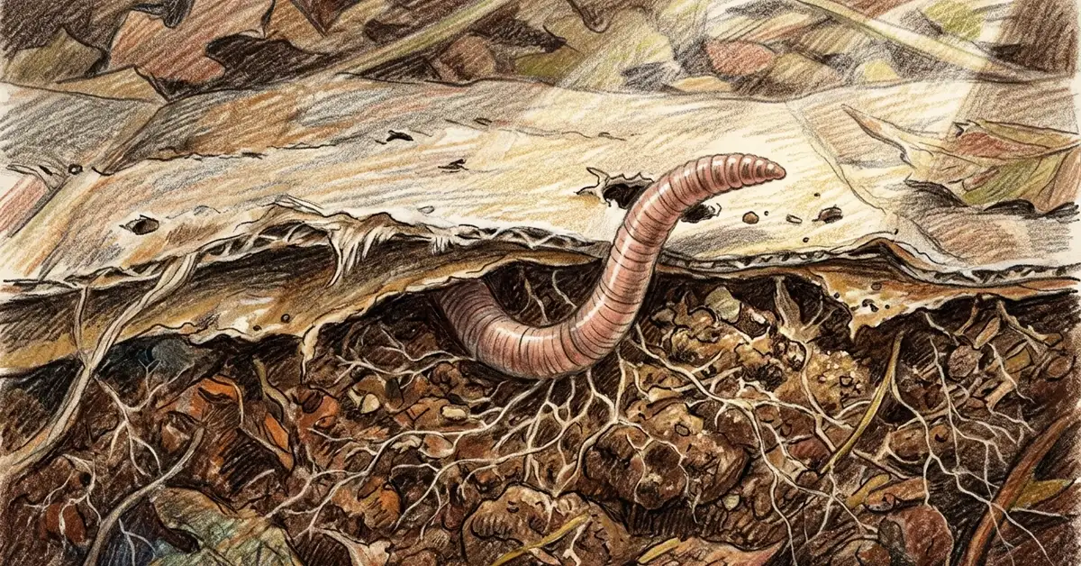 Cross-section view of decomposing cardboard with an earthworm tunneling through it, surrounded by dark crumbly soil and white fungal threads.