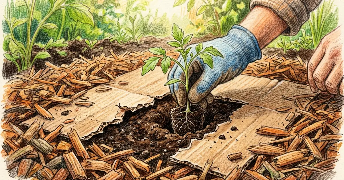 Gardener's hands tucking a tomato seedling into a hole cut through cardboard and compost layers in a freshly built sheet mulch bed.