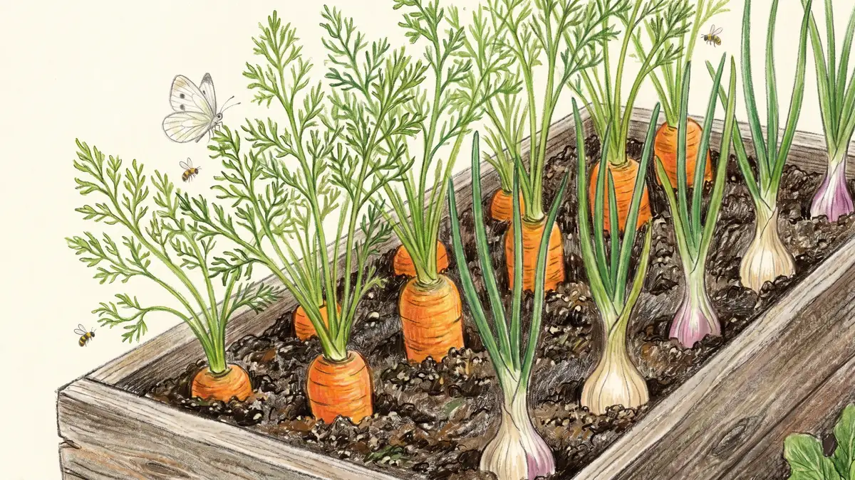 Pencil-illustrated close-up of carrots and onions growing in alternating rows in a raised bed, with feathery green carrot tops and slender onion stems visible above dark soil and a small white butterfly hovering nearby.