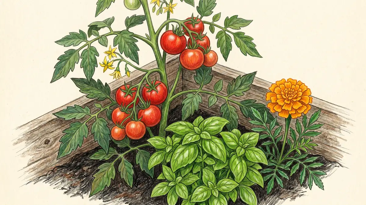Pencil-illustrated close-up of a tomato plant with ripe red fruit growing alongside a bushy basil plant and a bright orange marigold flower in a raised bed corner.