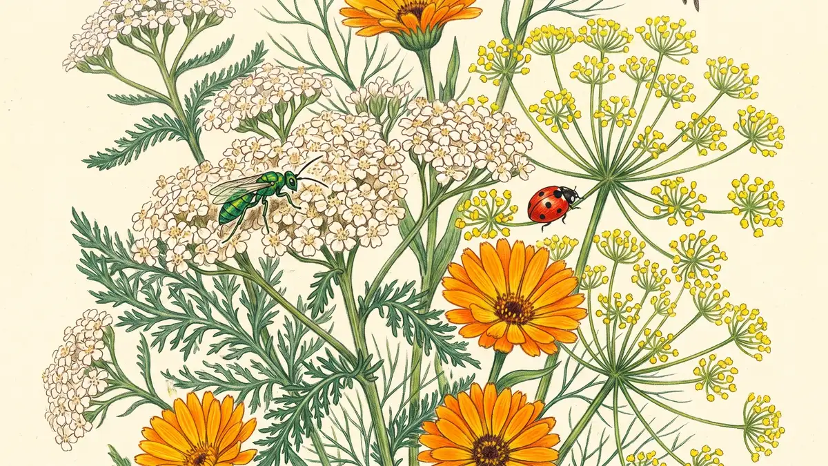 Close-up of yarrow flowers with white flat-topped clusters growing alongside dill umbels with yellow florets and orange calendula flowers, with a green parasitic wasp and a ladybug visible.