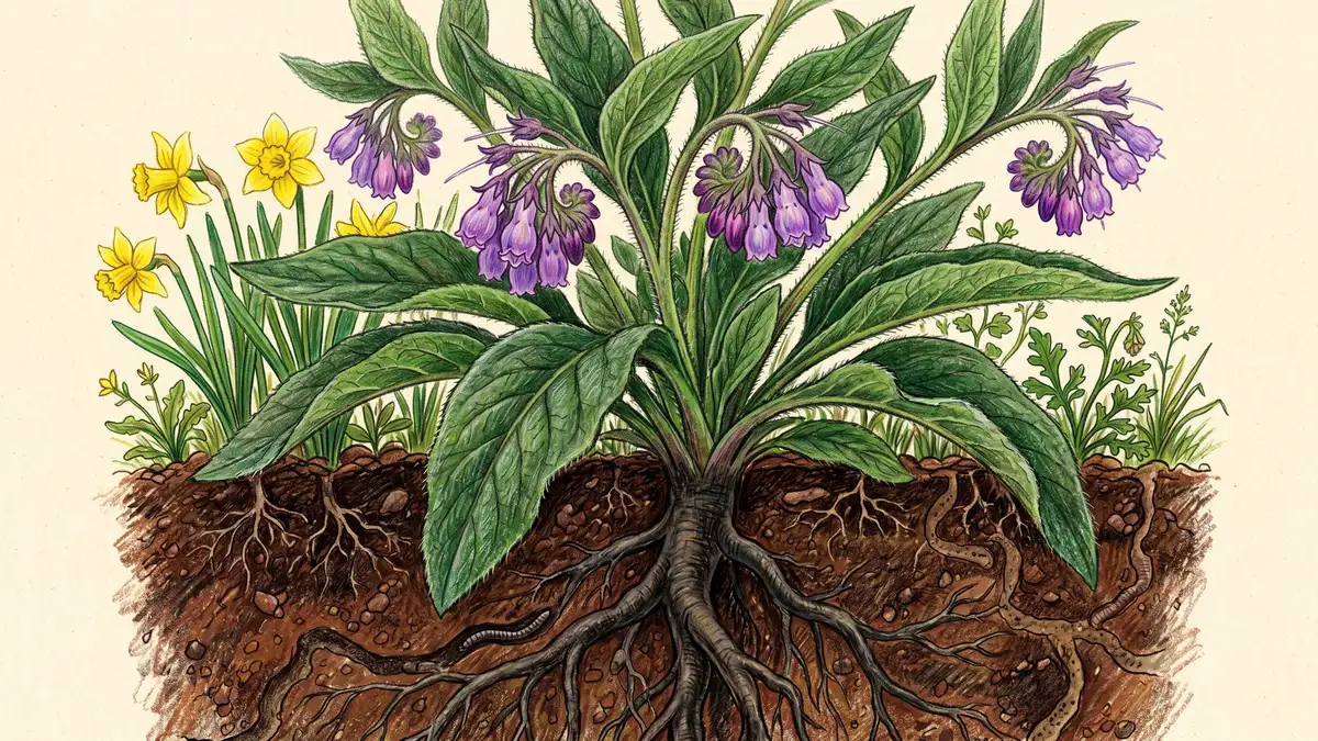 A thriving comfrey plant with broad fuzzy green leaves, drooping bell-shaped purple flowers, and a deep root system extending past worm tunnels into rich soil.