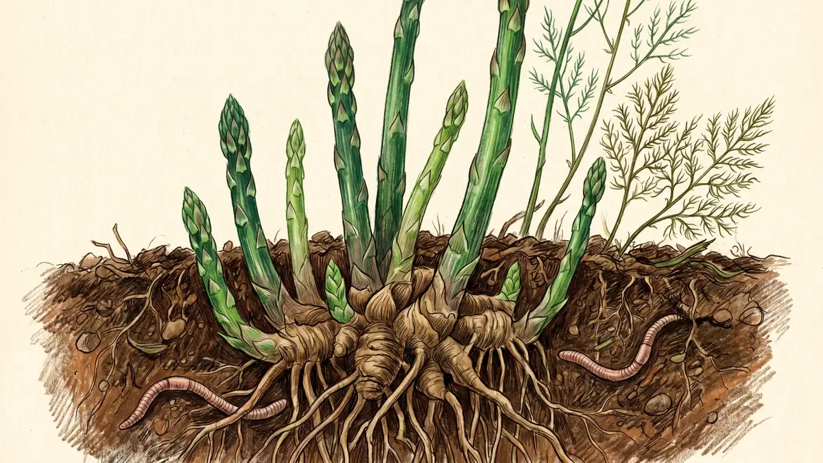 A mature asparagus crown in spring with multiple green spears emerging from the soil alongside a few feathery fronds from last year's growth and earthworms visible in the soil cross-section.