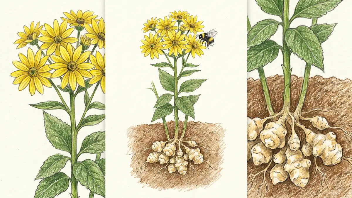 A tall flowering Jerusalem artichoke (sunchoke) plant with bright yellow daisy-like flowers above and the underground tubers visible in a soil cross-section.