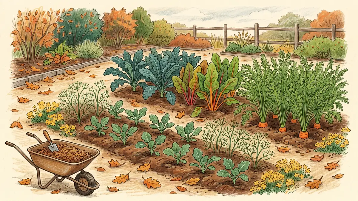 An early autumn garden scene with fall companion planting in progress: a row of broccoli transplants with feathery dill nearby, scattered sweet alyssum at the edges, kale and chard already growing, and a clump of fall carrots with their feathery tops, with a small wheelbarrow of mulch in the corner.