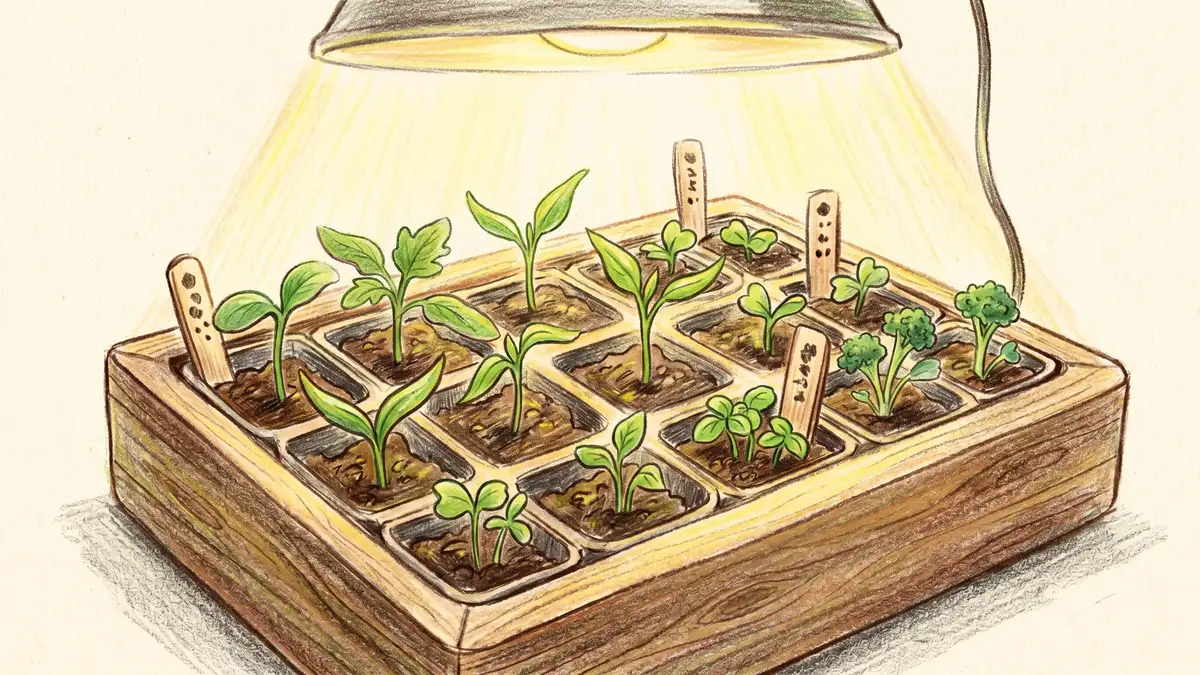 A wooden seed-starting tray with multiple cell pockets containing emerging seedlings: tomato cotyledons, pepper seedlings, basil sprouts, and broccoli starts. A grow light hanging above casts soft warm light, and small hand-written labels mark each row.
