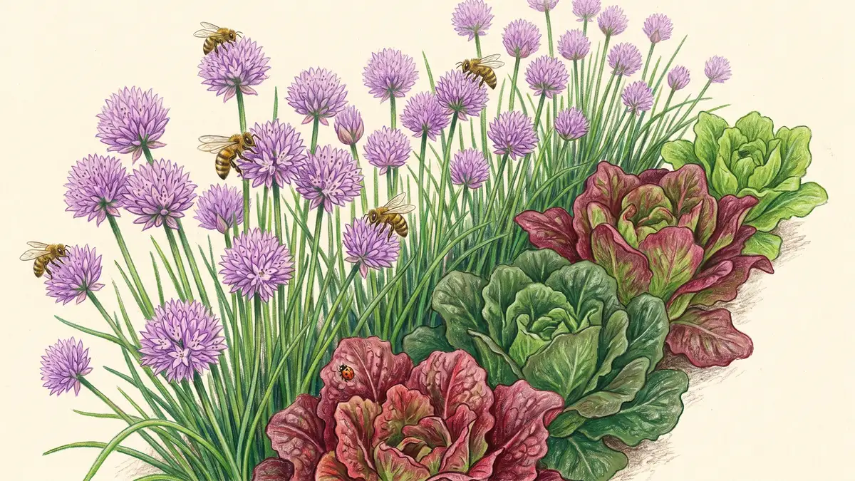 Close-up of chives in full purple bloom growing alongside lush green and red lettuce, with honeybees visiting the chive flowers and a tiny ladybug on a lettuce leaf.