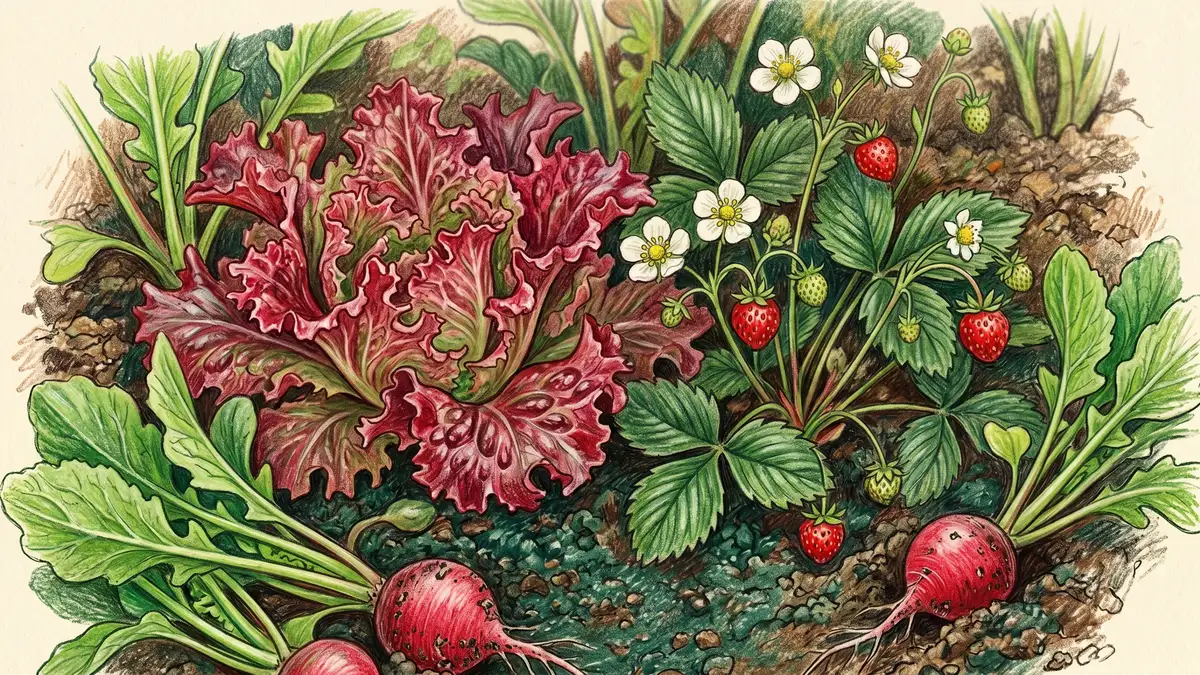 Close-up of frilly red leaf lettuce growing alongside a small alpine strawberry plant with white flowers and tiny red ripe berries, with a few green spring radishes visible at the edges with red roots emerging.