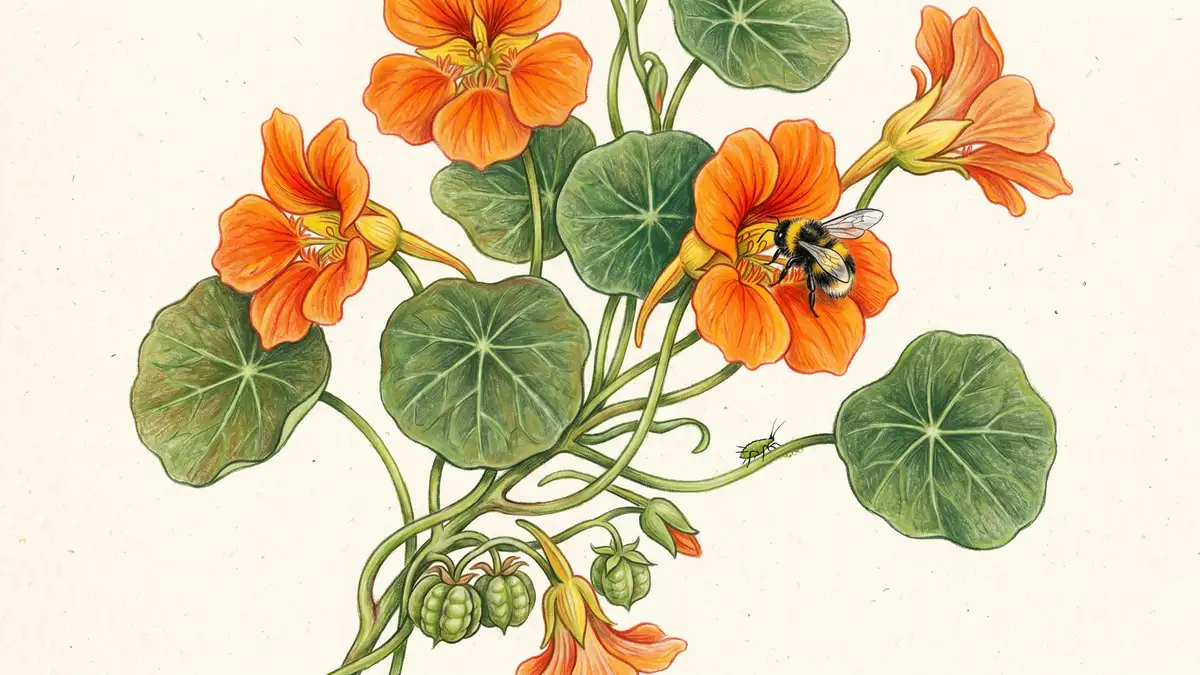 Close-up of a single nasturtium plant with vibrant orange trumpet-shaped flowers, distinctive round green parasol-shaped leaves with radial veins, and visible green seed pods developing at the base, with a honeybee visiting one flower.