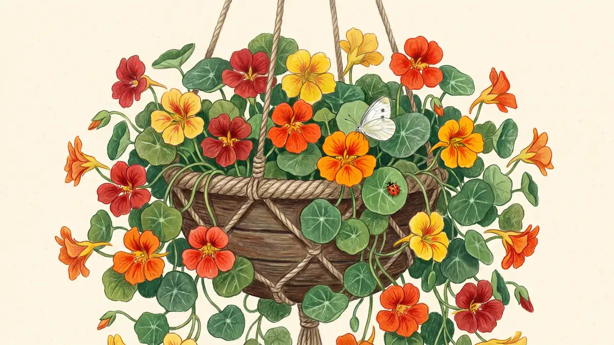 Close-up of a hanging basket with trailing nasturtiums in red, orange, and yellow blooms cascading over the edges, surrounded by their distinctive round leaves, with a small white butterfly resting on one flower.