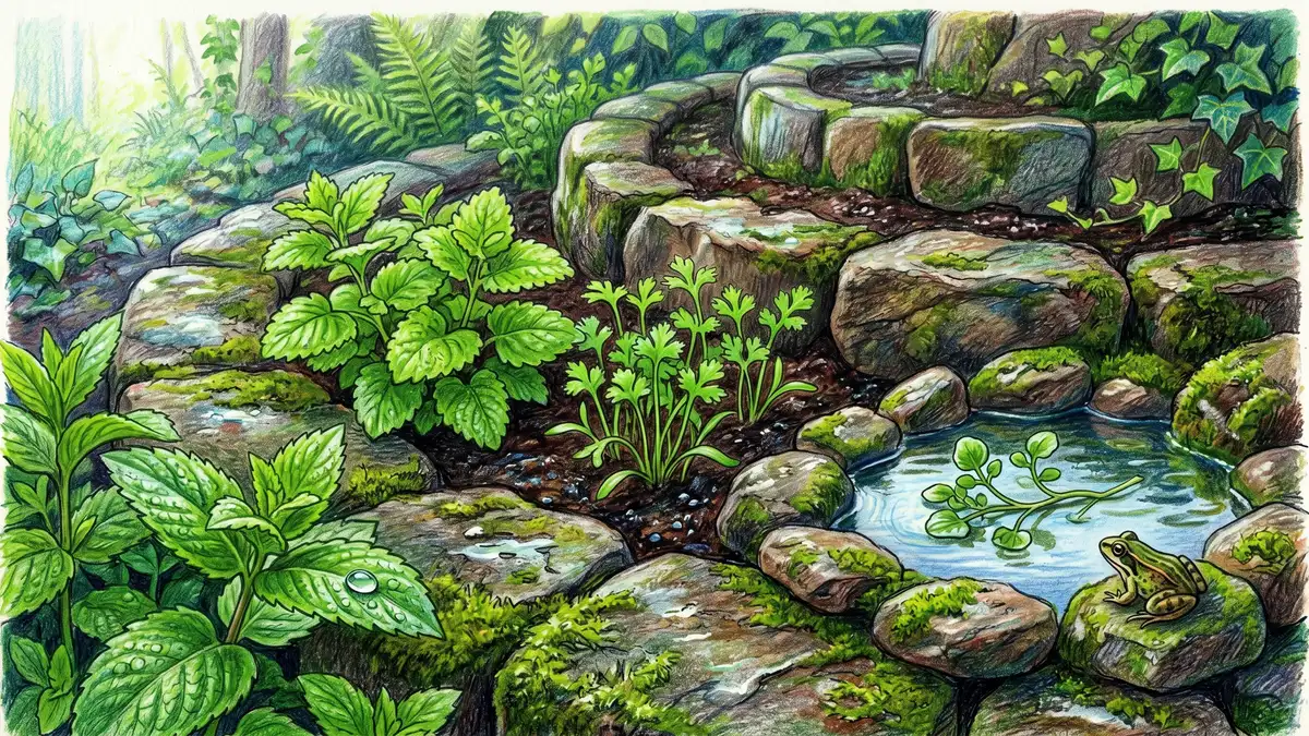 The shaded base of a herb spiral with mint, lemon balm and watercress thriving in moist soil beside a small pond