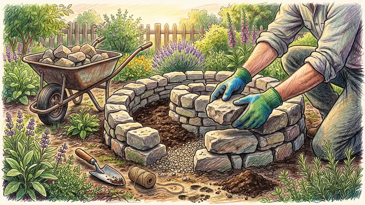 A gardener mid-construction placing dry-stacked stones to form a permaculture herb spiral with gravel drainage visible at the base