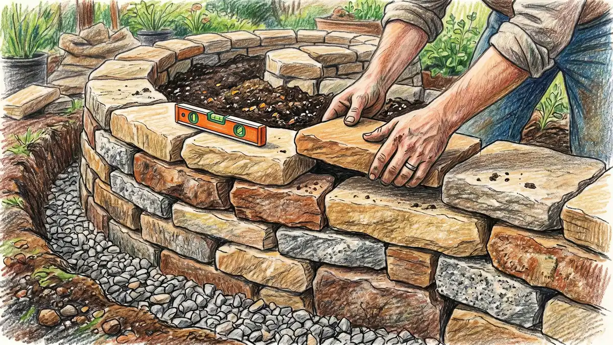 Hands fitting weathered sandstone into the rising wall of a herb spiral, gravel drainage layer visible at the base
