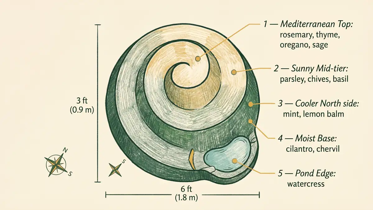 Cross-section infographic of a permaculture herb spiral showing five labelled microclimate zones from the dry Mediterranean apex down to the moist pond edge