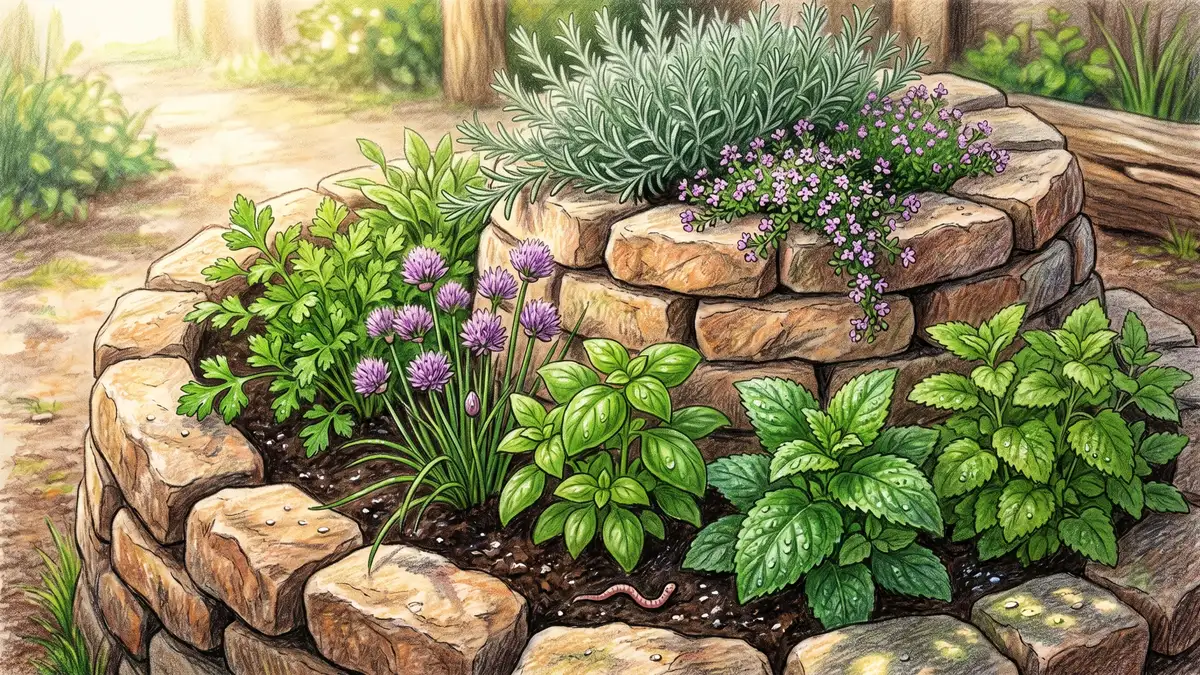 Close-up view of a stone herb spiral showing rosemary, thyme, parsley, chives, basil, mint and lemon balm at different microclimate levels