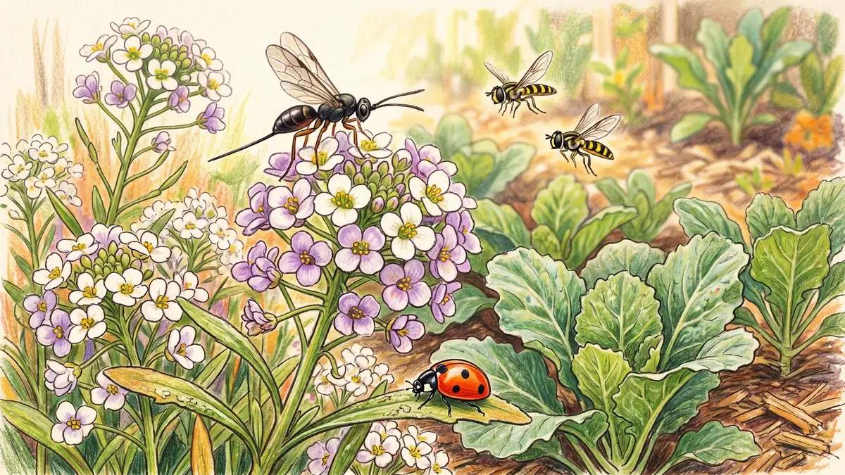 A parasitoid wasp landing on sweet alyssum flowers with hoverflies and a ladybeetle nearby — the kind of biological-control diversity that flowering insectary plants attract