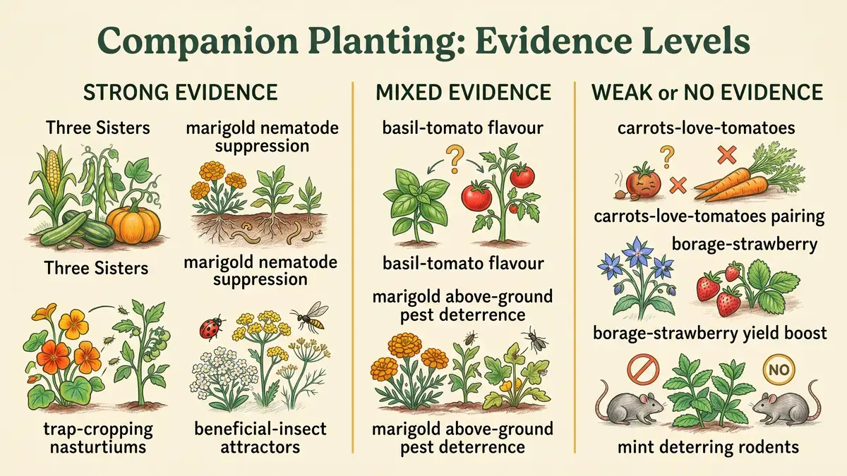 A three-column infographic comparing companion-planting practices by evidence level — strong, mixed, and weak — with example pairings under each category