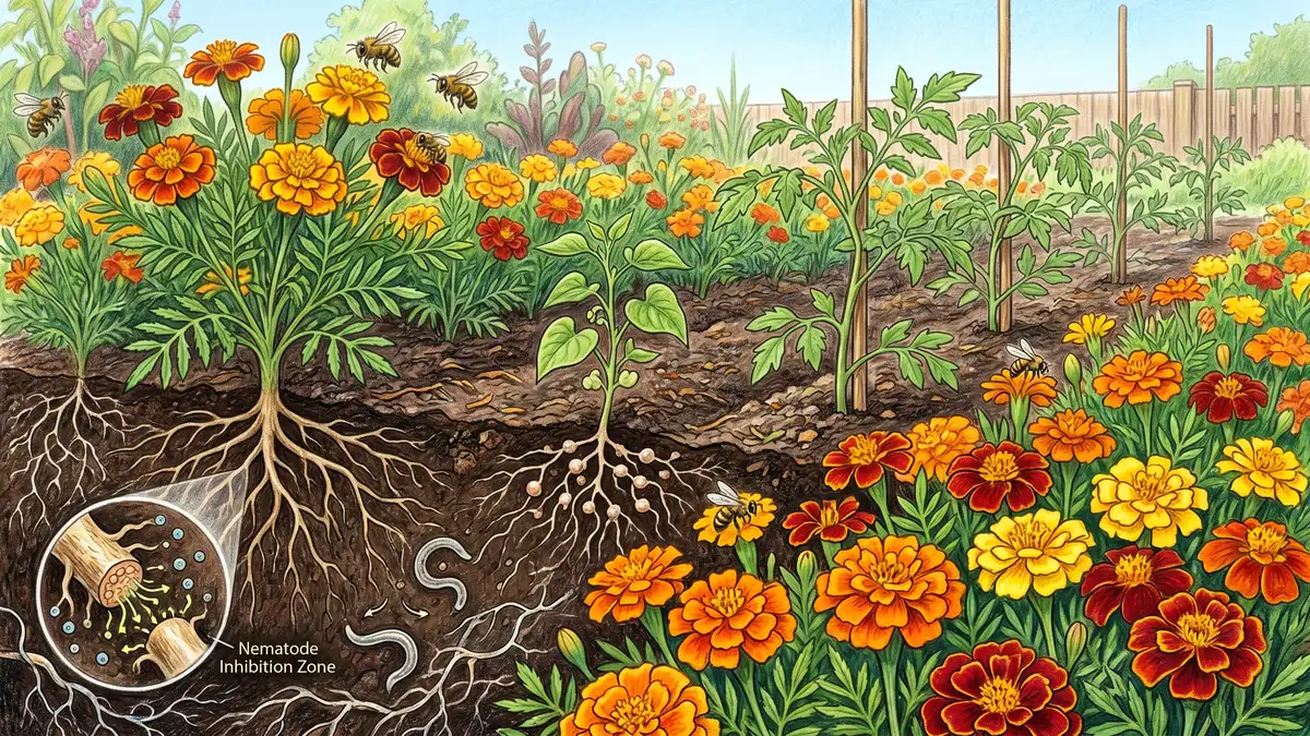 French marigolds planted between rows of young tomato seedlings, with the underground root chemistry that suppresses root-knot nematodes the real source of their value