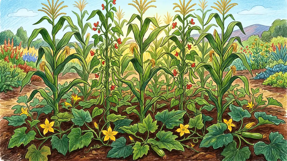 A classic Three Sisters polyculture in mid-summer with corn standing tall, climbing beans winding up the stalks, and squash sprawling at ground level — the textbook example of vertical light partitioning