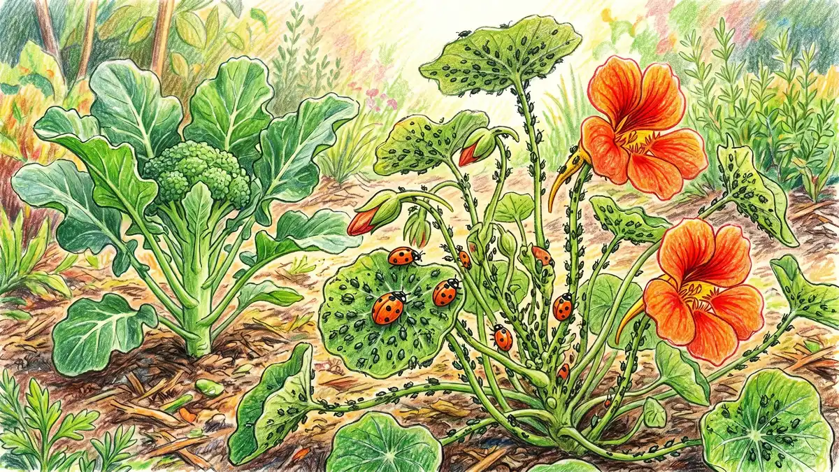 A nasturtium plant covered in aphids beside a healthy unaffected broccoli — a clear visual of the trap-cropping mechanism in action