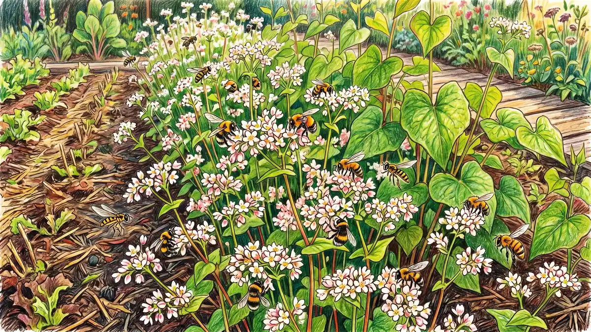 Buckwheat in full bloom in a summer vegetable garden, white flowers covered in honeybees and bumblebees — the classic fast-growing summer cover crop and pollinator magnet