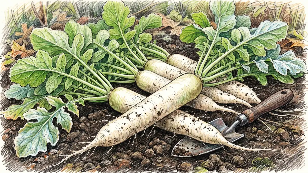 Daikon tillage radish plants pulled from a garden bed showing 12-18 inch white taproots that biologically loosen compacted soil