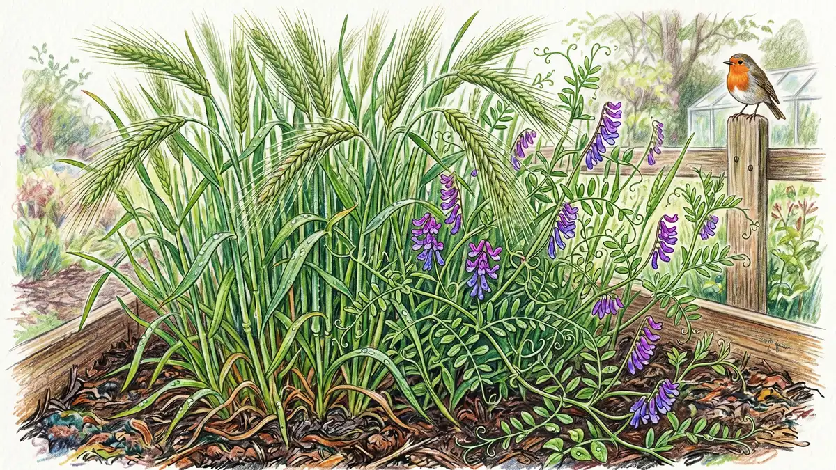 A thriving stand of cereal rye and hairy vetch growing together in a home raised bed in early spring, the rye standing tall with the vetch climbing through it in flower