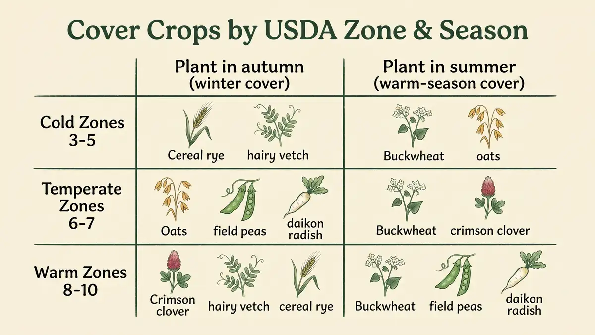 A USDA-zone planting reference for cover crops showing cold zones 3-5, temperate zones 6-7, and warm zones 8-10 with recommended species for each season