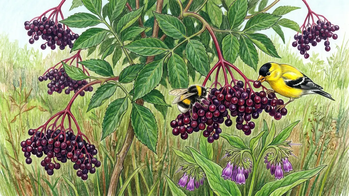 A close-up of an elderberry shrub in late summer with drooping clusters of deep purple-black ripe berries against deep green leaves — the highest-value medicinal shrub in a temperate food forest
