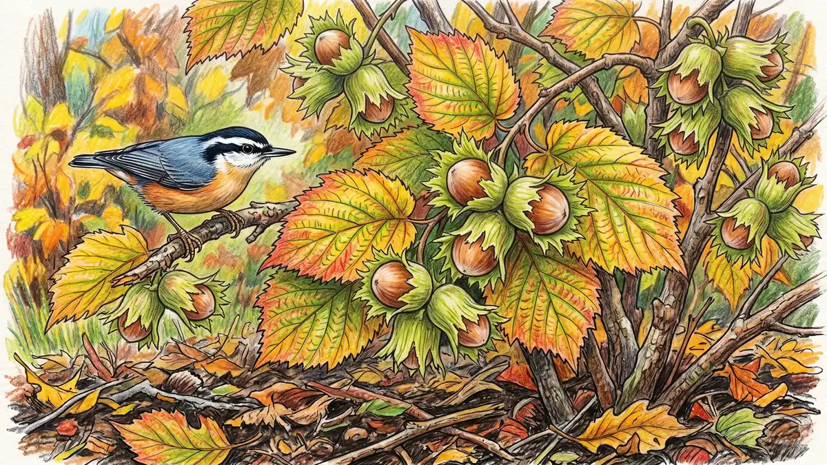 A close-up of a hybrid hazelnut shrub in autumn with clusters of nuts in their papery green husks — the species that turns a food forest into a real protein source