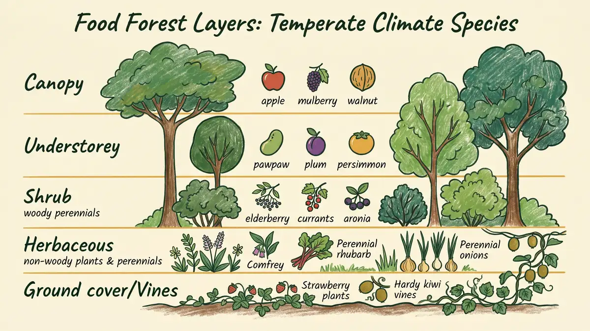 A cross-section infographic of food forest layers showing canopy, understorey, shrub, herbaceous, and ground cover layers with example temperate-climate species at each level