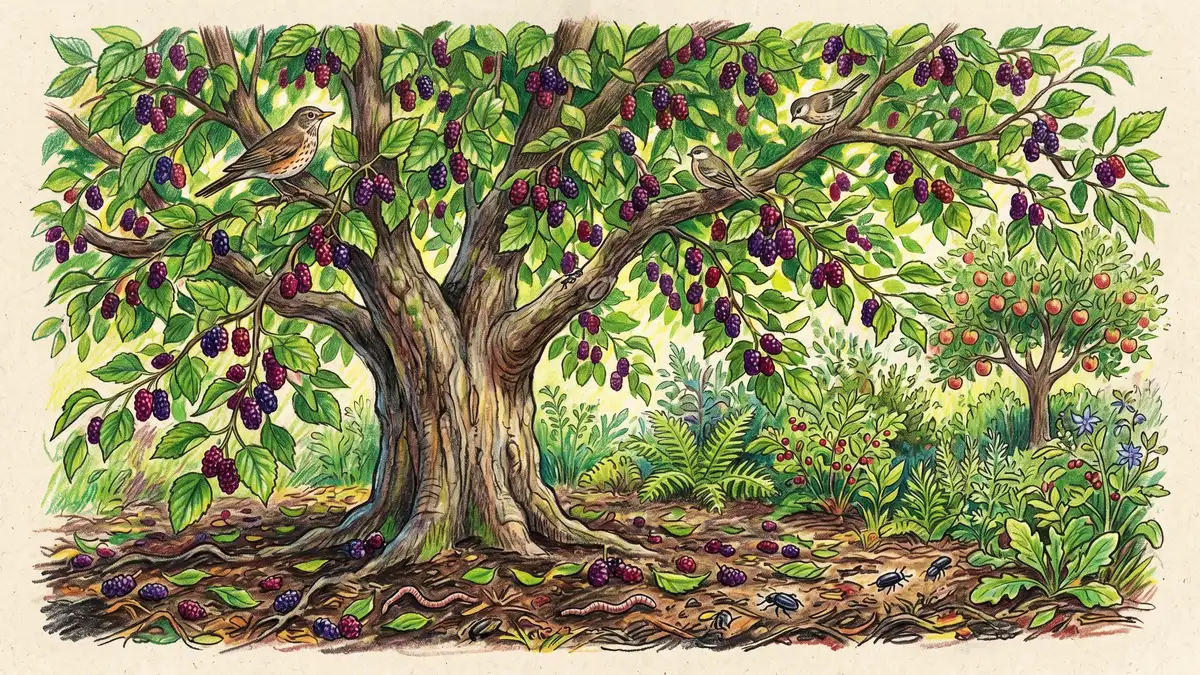 A mature standard mulberry tree heavy with deep purple ripe mulberries — the fastest-yielding canopy tree in a temperate food forest