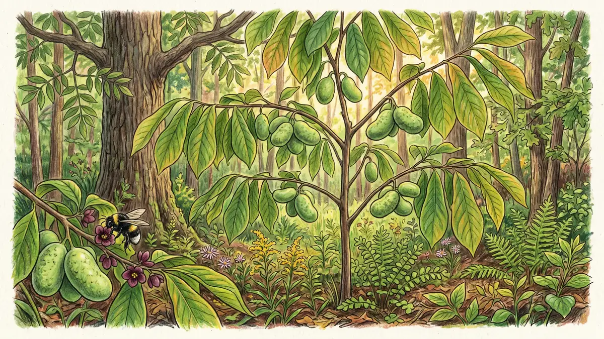 A young pawpaw tree in fruit in late summer in dappled shade with clusters of green oblong custard-textured fruits — North America's largest native edible