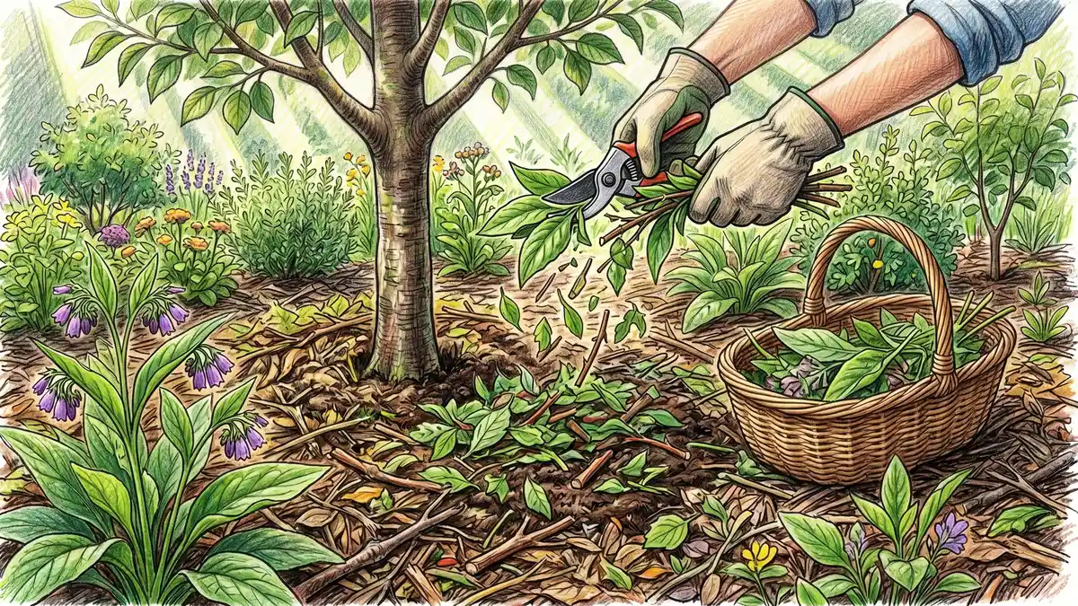 Hands using bypass pruners to chop comfrey and small woody growth, dropping the cut biomass directly onto the soil at the base of an apple tree in a syntropic garden