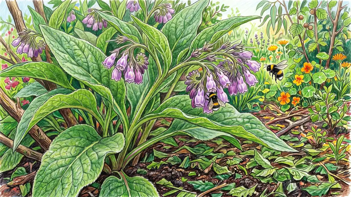 A close-up of a large comfrey plant in full bloom — the single most important biomass engine in a temperate syntropic garden, chopped 4-6 times per season