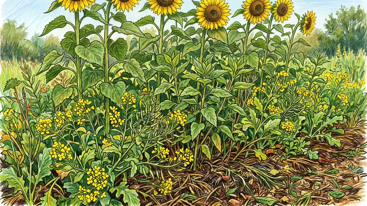 Dense placeholder species filling year-1 gaps in a young syntropic strip — sunflowers, sunchokes, and mustard greens covering bare soil with heavy mulch beneath