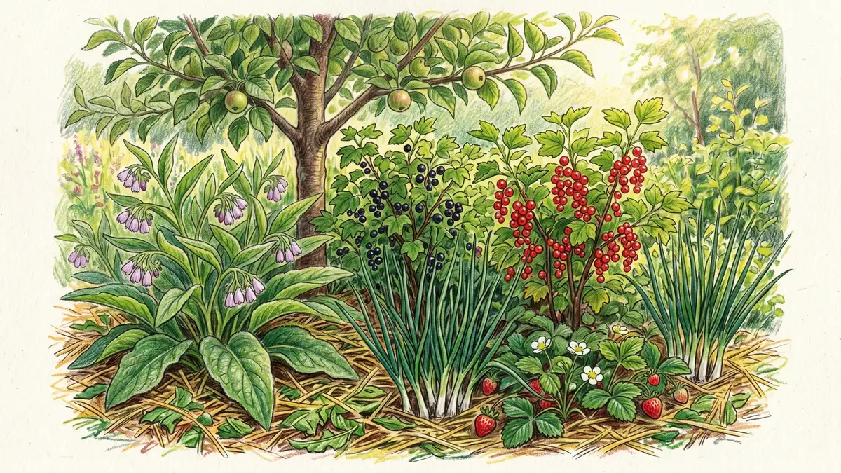 A close-up of a syntropic garden bed showing dense stratified planting — apple tree, currants, comfrey, and strawberries layered in one bed with thick mulch covering the soil