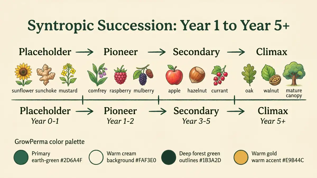 A succession timeline infographic showing four phases from year 1 to year 5+ — placeholder species, pioneer, secondary, and climax — with example temperate-climate species at each phase