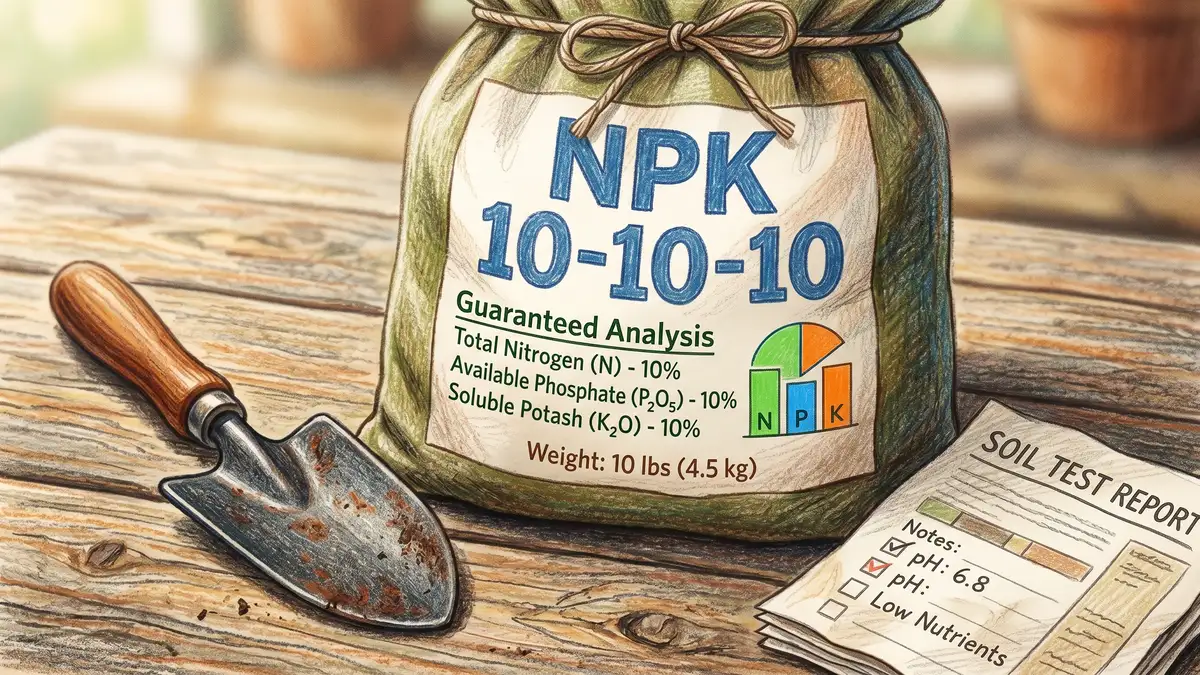A fertilizer bag with the NPK label 10-10-10 clearly visible, sitting on weathered wooden boards beside a hand trowel and a soil-test report
