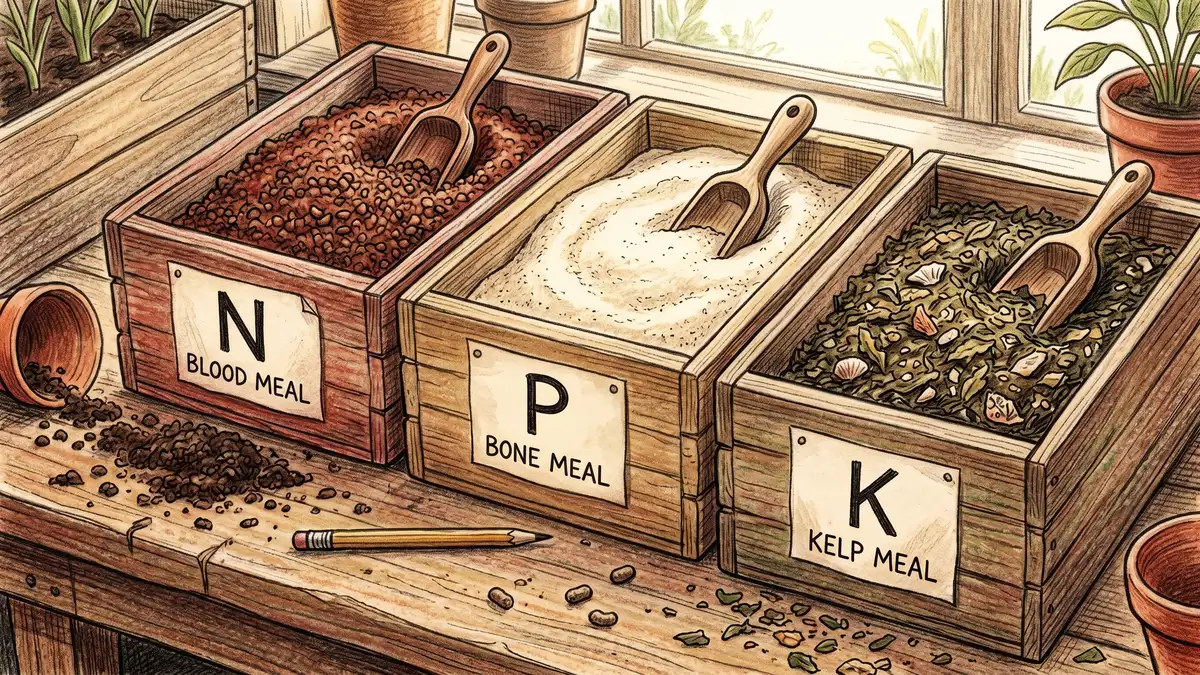 Three open bins of organic NPK amendments side by side — coarse red-brown blood meal, pale powdery bone meal, and dark green flaky kelp meal — each with a small wooden scoop