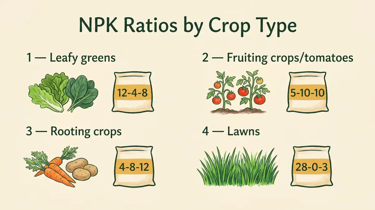 An infographic showing NPK ratios by crop type — leafy greens, fruiting crops, root crops, and lawns — with example label numbers for each category