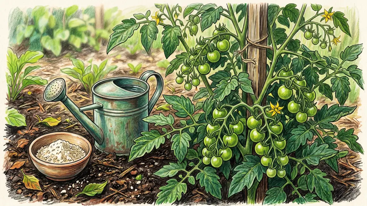 Healthy young tomato plants in early fruiting with a small bowl of bone meal and a watering can beside the bed — feeding fruiting crops with the right NPK ratio
