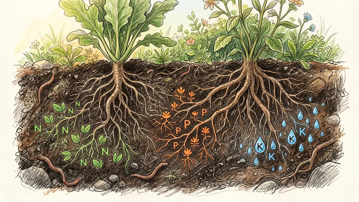 A cross-section of a healthy garden bed showing plant roots reaching through dark loamy soil toward small icons representing nitrogen, phosphorus, and potassium ions in the soil