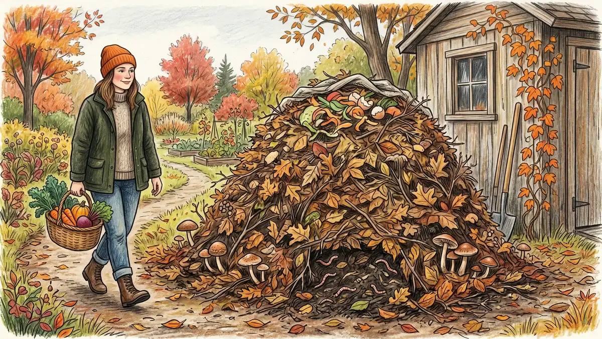 A quiet cold compost heap behind a backyard shed with a tall mound of brown autumn leaves and visible mushrooms emerging from the side